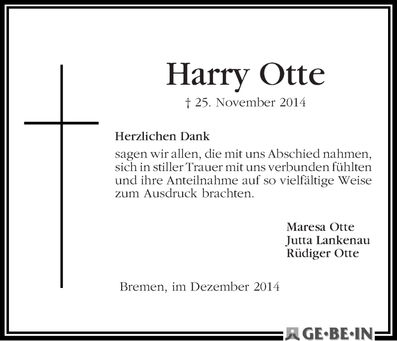 Traueranzeige von Harry Otte von WESER-KURIER