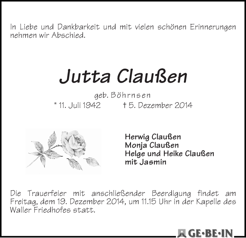 Traueranzeige von Jutta Claußen von WESER-KURIER