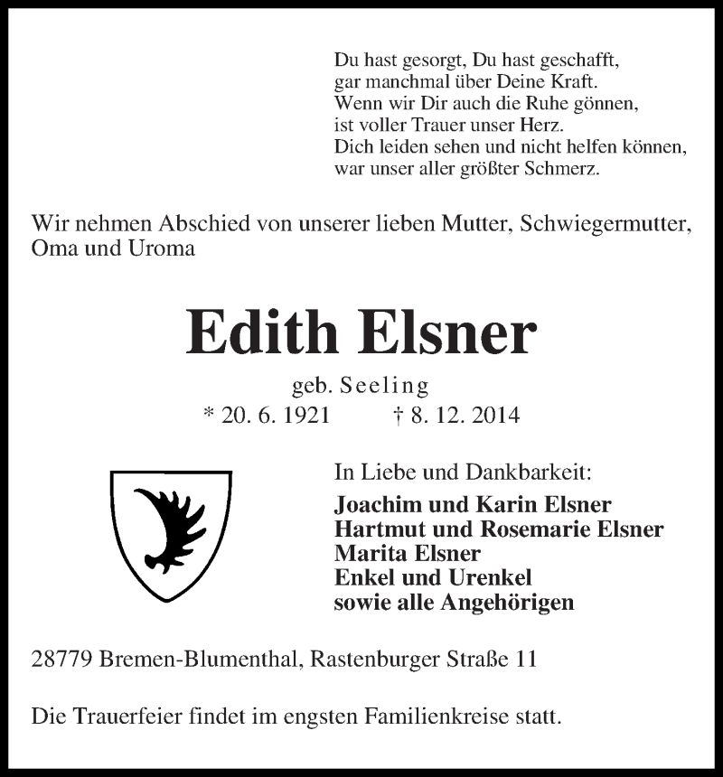 Traueranzeige von Edith Elsner von Die Norddeutsche