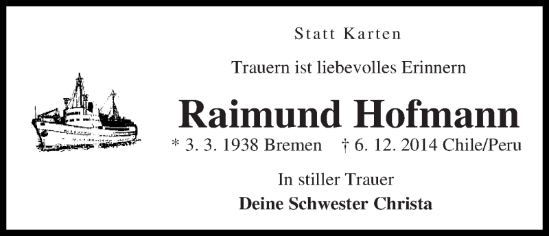 Traueranzeige von Raimund Hofmann von WESER-KURIER