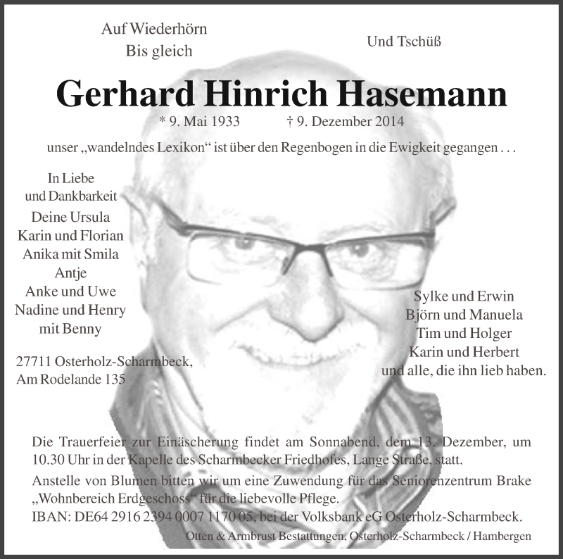  Traueranzeige für Gerhard Hinrich Hasemann vom 11.12.2014 aus Osterholzer Kreisblatt