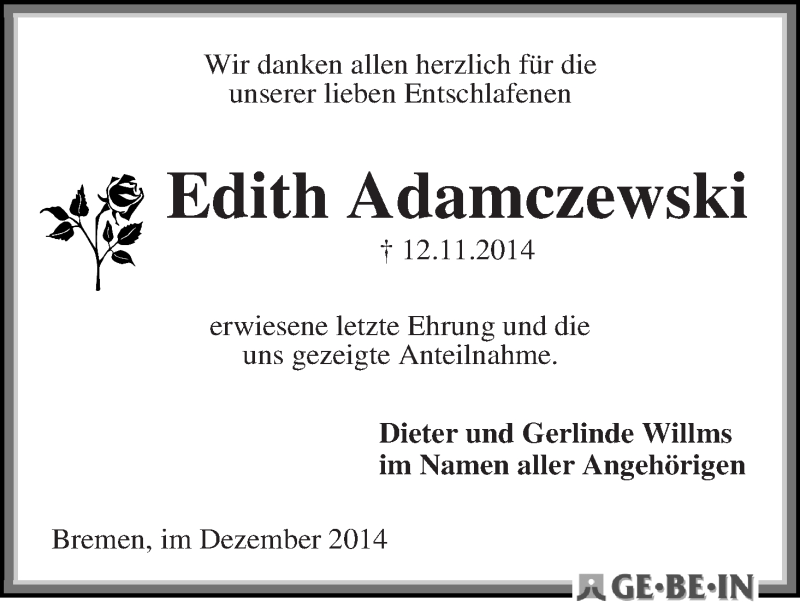 Traueranzeige von Edith Adamczewski von WESER-KURIER
