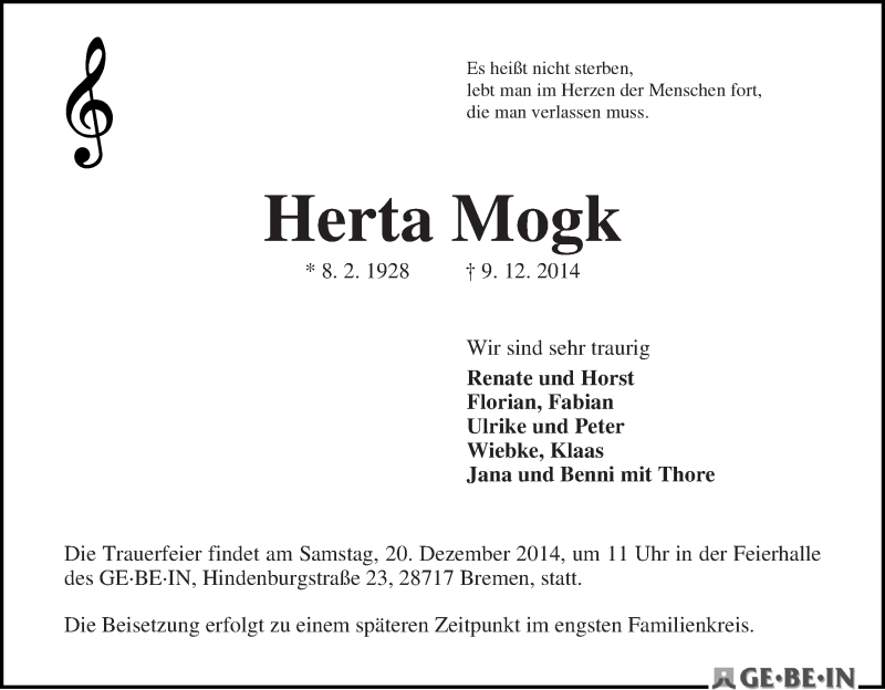 Traueranzeige von Herta Mogk von Die Norddeutsche