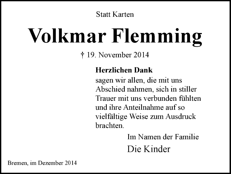 Traueranzeige von Volkmar Flemming von WESER-KURIER