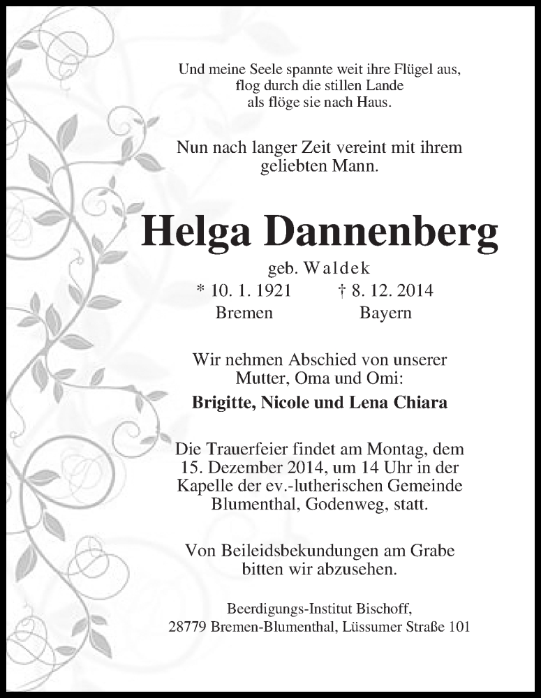 Traueranzeige von Helga Dannenberg von Die Norddeutsche