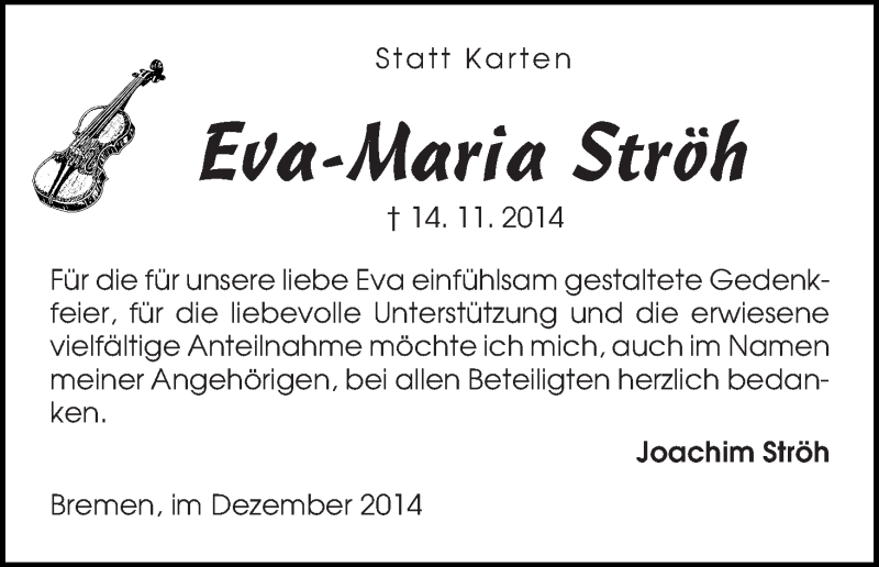 Traueranzeige von Eva-Maria Ströh von WESER-KURIER