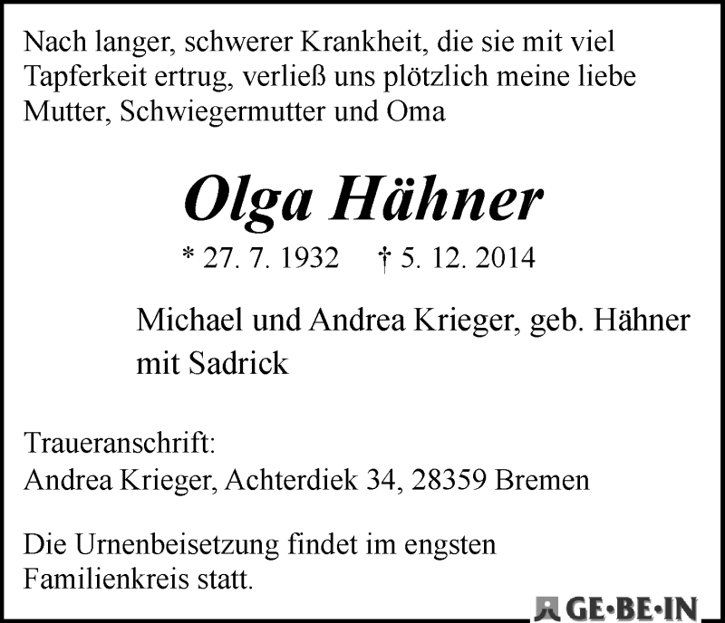 Traueranzeige von Olga Hähner von WESER-KURIER
