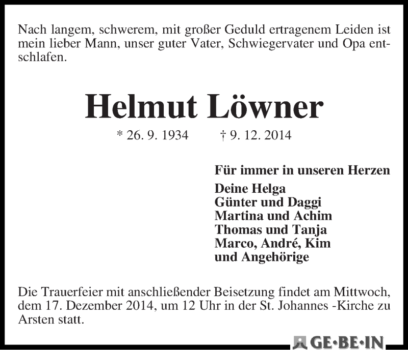 Traueranzeige von Helmut Löwner von WESER-KURIER