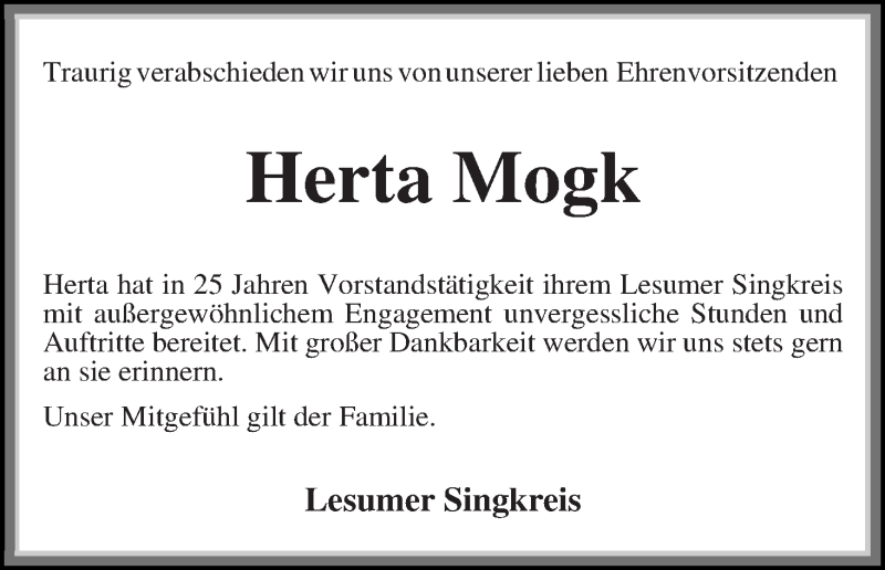 Traueranzeige von Herta Mogk von Die Norddeutsche