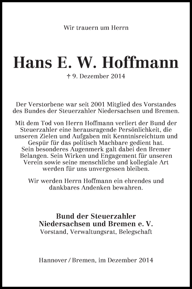Traueranzeige von Hans E. W. Hoffmann von WESER-KURIER