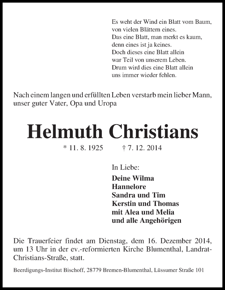 Traueranzeige von Helmuth Christians von Die Norddeutsche