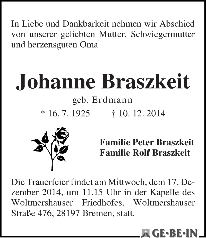 Traueranzeige von Johanne Braszkeit von WESER-KURIER