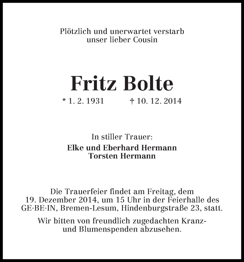 Traueranzeige von Fritz Bolte von Die Norddeutsche