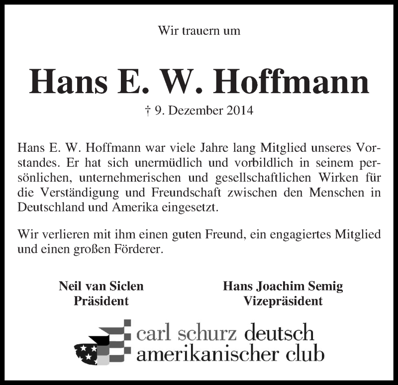  Traueranzeige für Hans E. W. Hoffmann vom 13.12.2014 aus WESER-KURIER