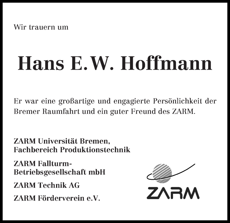 Traueranzeige von Hans E. W. Hoffmann von WESER-KURIER
