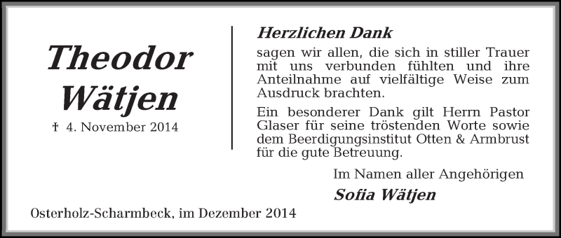 Traueranzeige von Theodor Wätjen von Osterholzer Kreisblatt