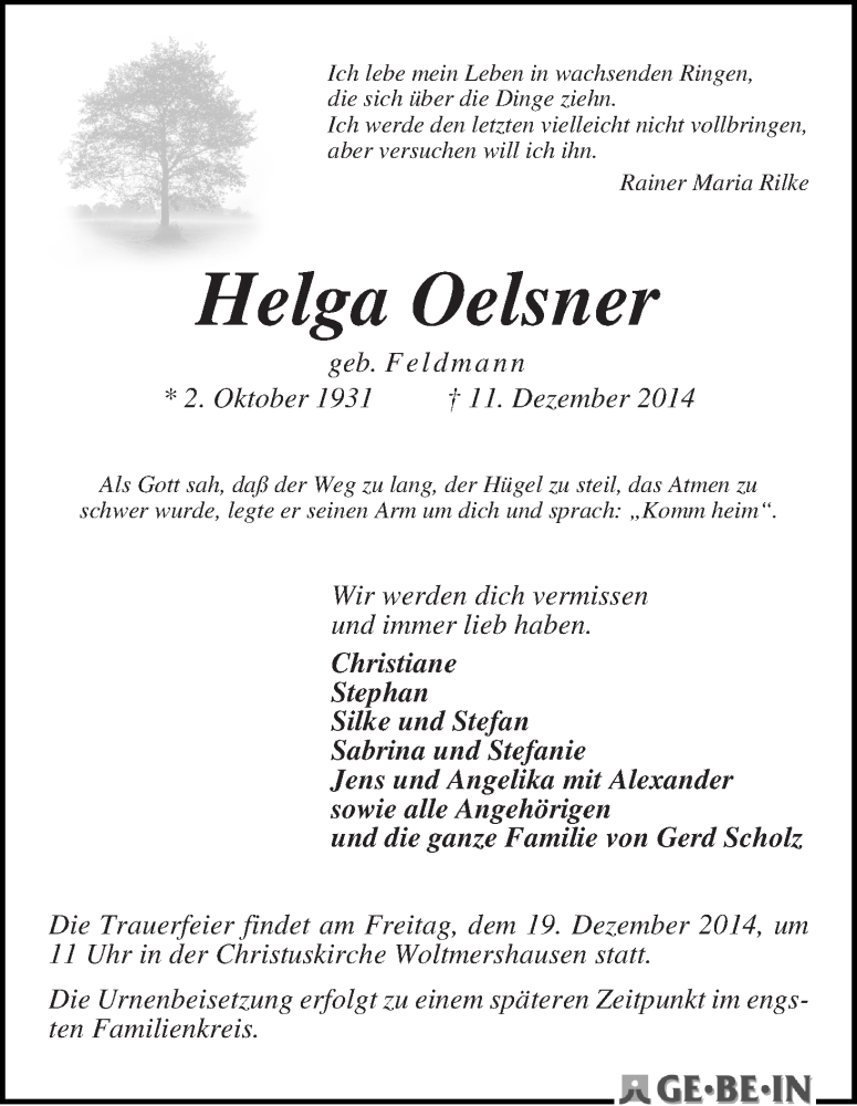 Traueranzeige von Helga Oelsner von WESER-KURIER