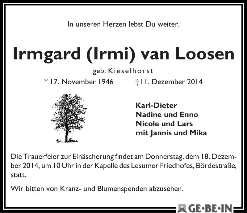 Traueranzeige von Irmgard (Irmi) van Loosen von WESER-KURIER