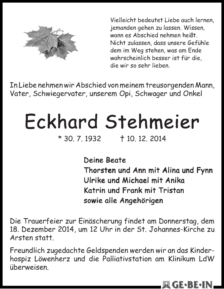 Traueranzeige von Eckhard Stehmeier von WESER-KURIER