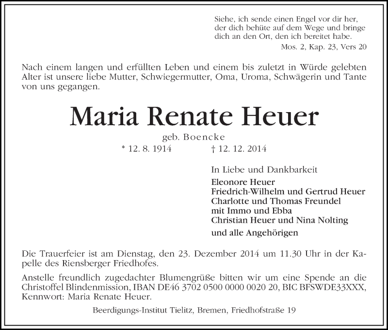 Traueranzeige von Maria Renate Heuer von WESER-KURIER