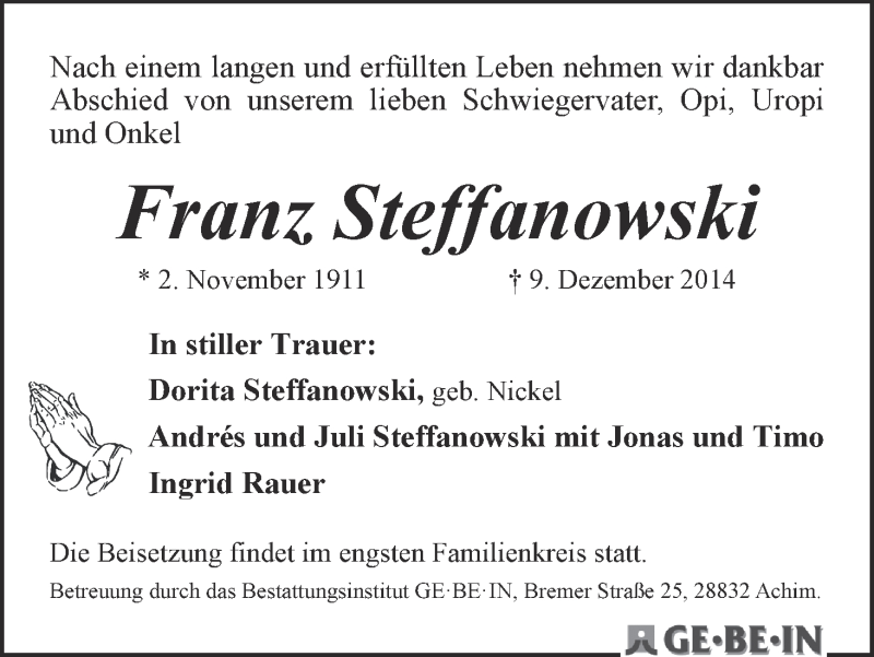 Traueranzeige von Franz Steffanowski von WESER-KURIER