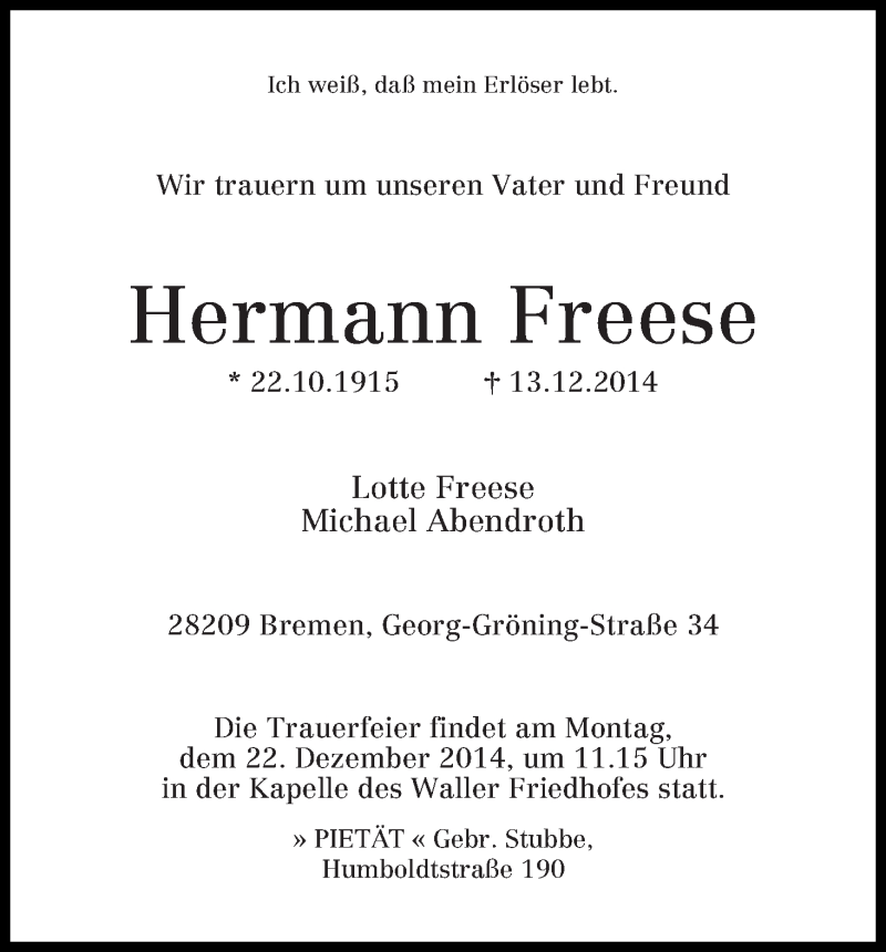 Traueranzeige von Hermann Freese von WESER-KURIER