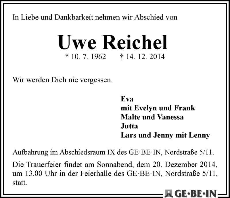  Traueranzeige für Uwe Reichel vom 17.12.2014 aus WESER-KURIER