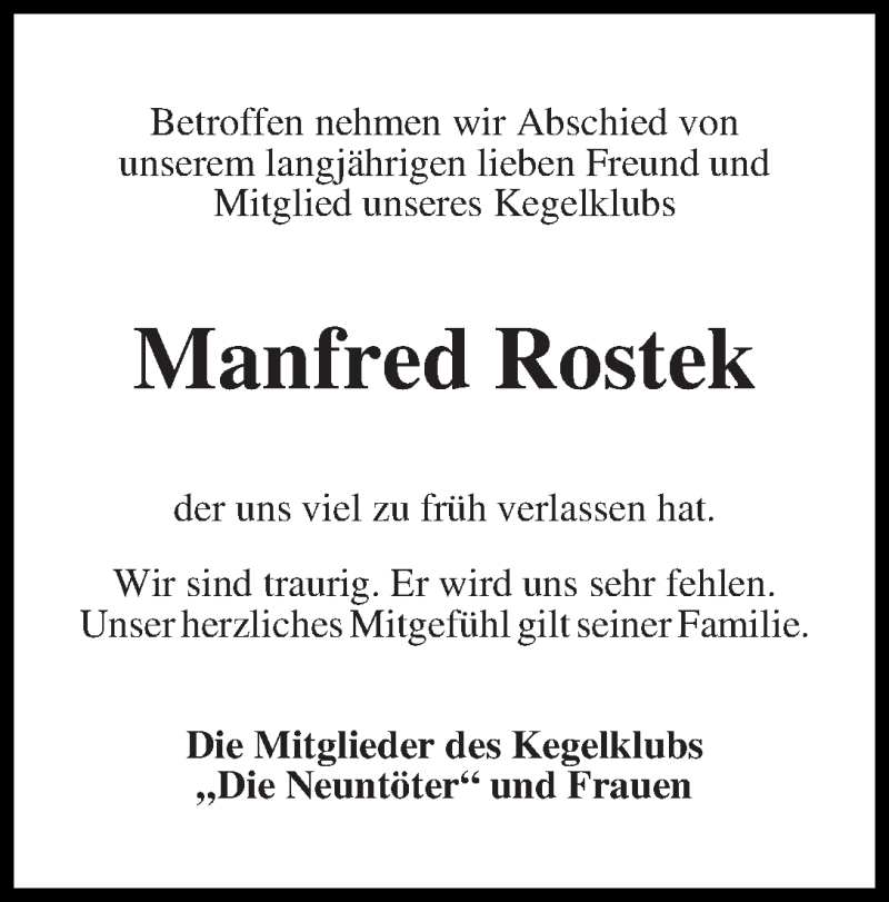  Traueranzeige für Manfred Rostek vom 17.12.2014 aus WESER-KURIER