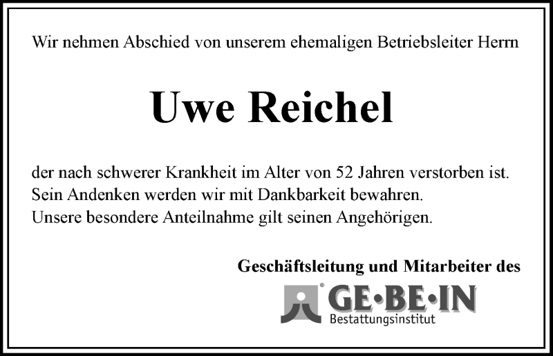  Traueranzeige für Uwe Reichel vom 17.12.2014 aus WESER-KURIER