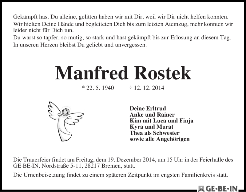  Traueranzeige für Manfred Rostek vom 17.12.2014 aus WESER-KURIER
