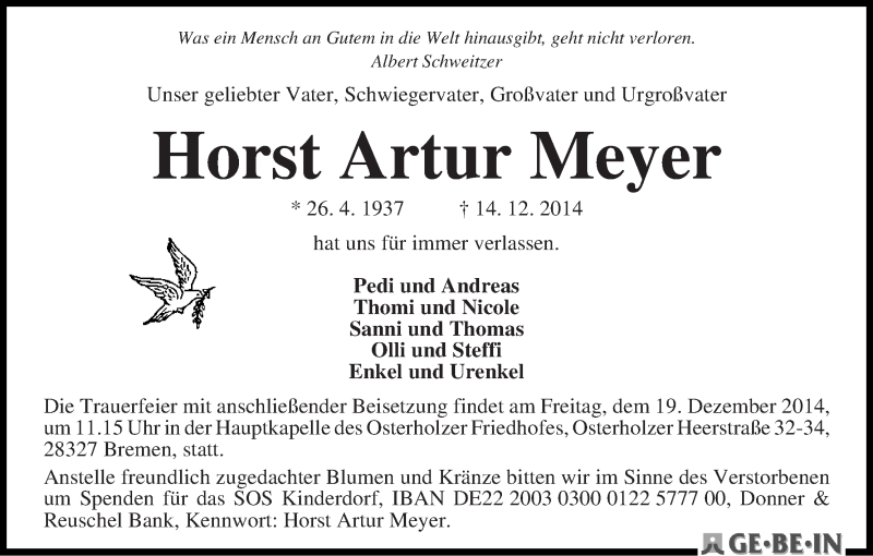 Traueranzeige von Horst Artur Meyer von WESER-KURIER
