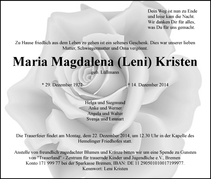 Traueranzeige von Maria Magdalena Kristen von WESER-KURIER