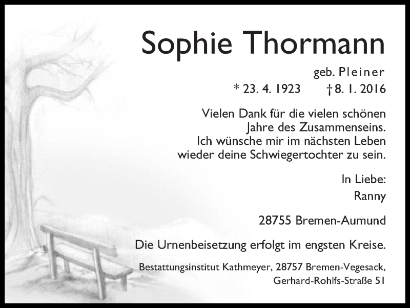 Traueranzeige von Sophie Thormann von Die Norddeutsche