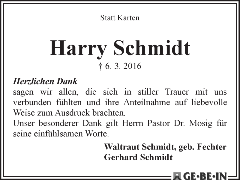Traueranzeige von Harry Schmidt von WESER-KURIER