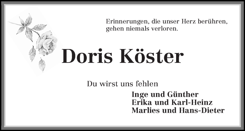  Traueranzeige für Doris Köster vom 15.07.2015 aus Wuemme Zeitung