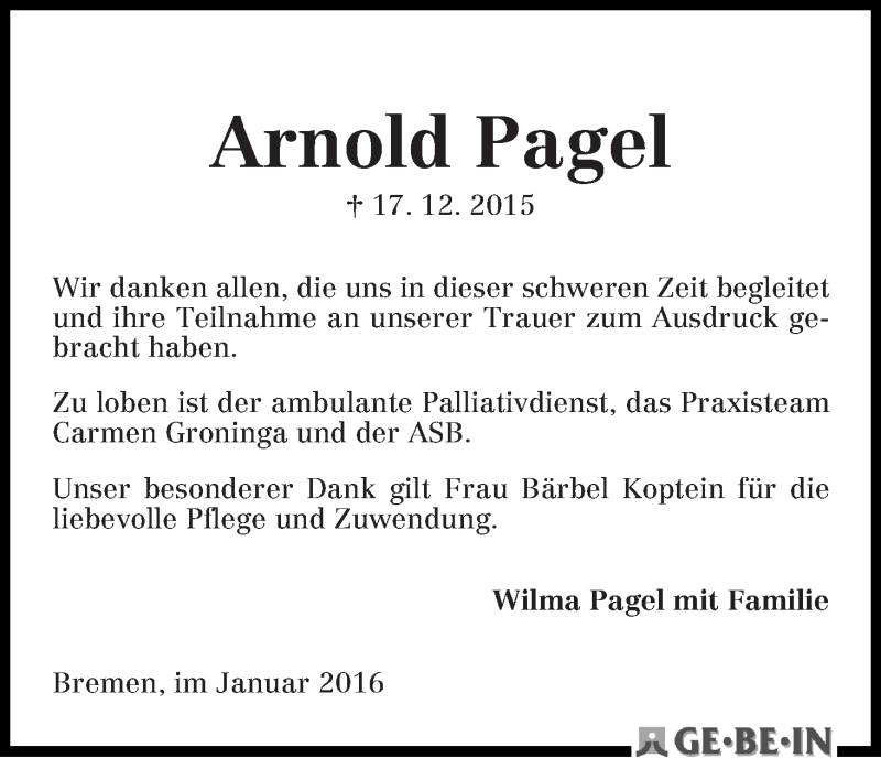  Traueranzeige für Arnold Pagel vom 13.01.2016 aus WESER-KURIER