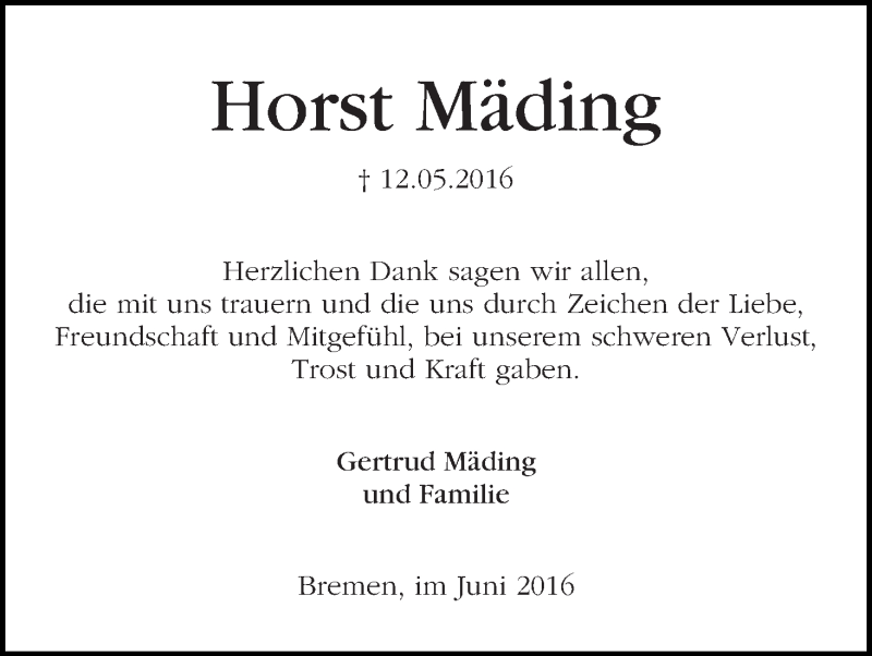 Traueranzeige von Horst Mäding von WESER-KURIER