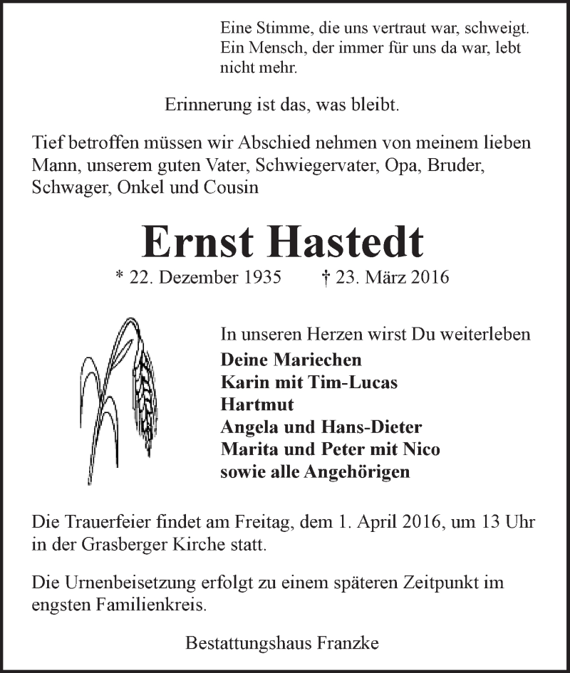 Traueranzeige von Ernst Hastedt von Wuemme Zeitung