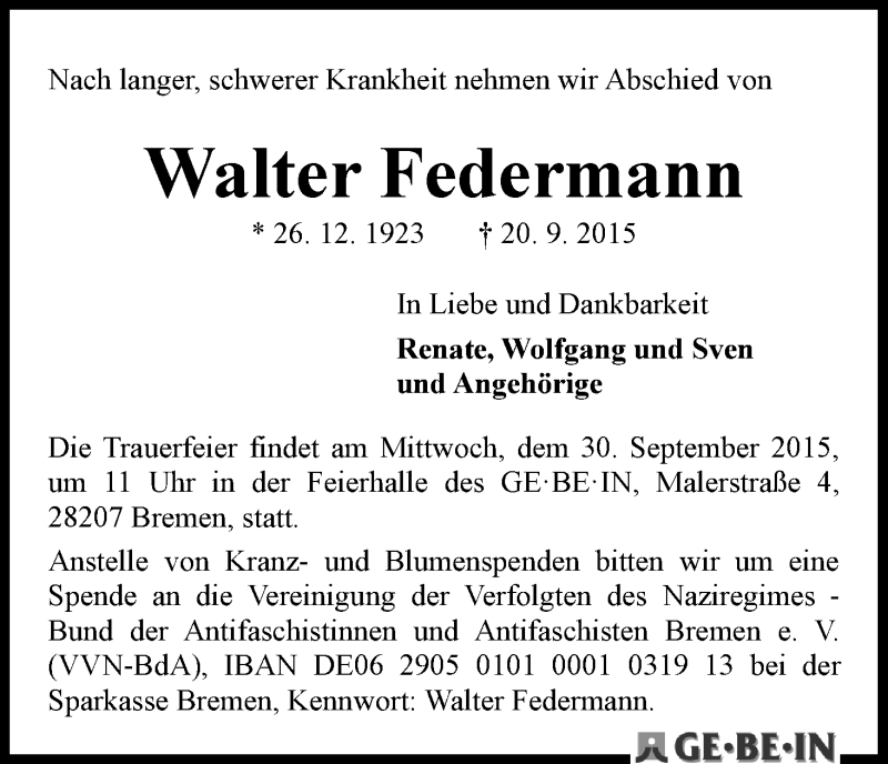 Traueranzeige von Walter Federmann von WESER-KURIER