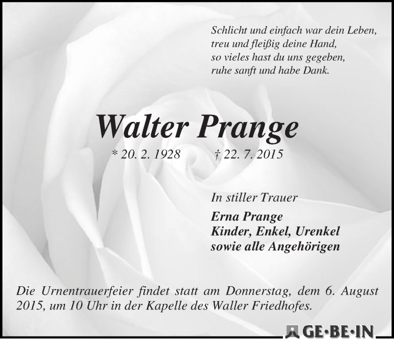 Traueranzeige von Walter Prange von WESER-KURIER