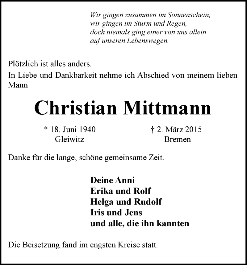 Traueranzeige von Christian Mittmann von WESER-KURIER