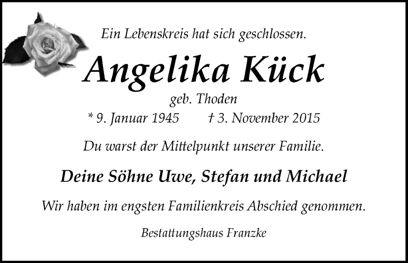 Traueranzeige von Angelika Kück von Wuemme Zeitung