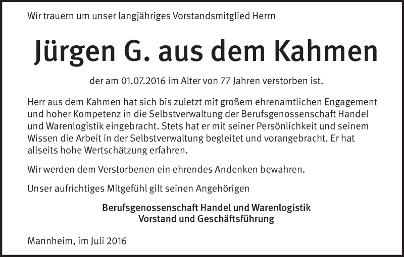 Traueranzeige von Jürgen aus dem Kahmen von WESER-KURIER