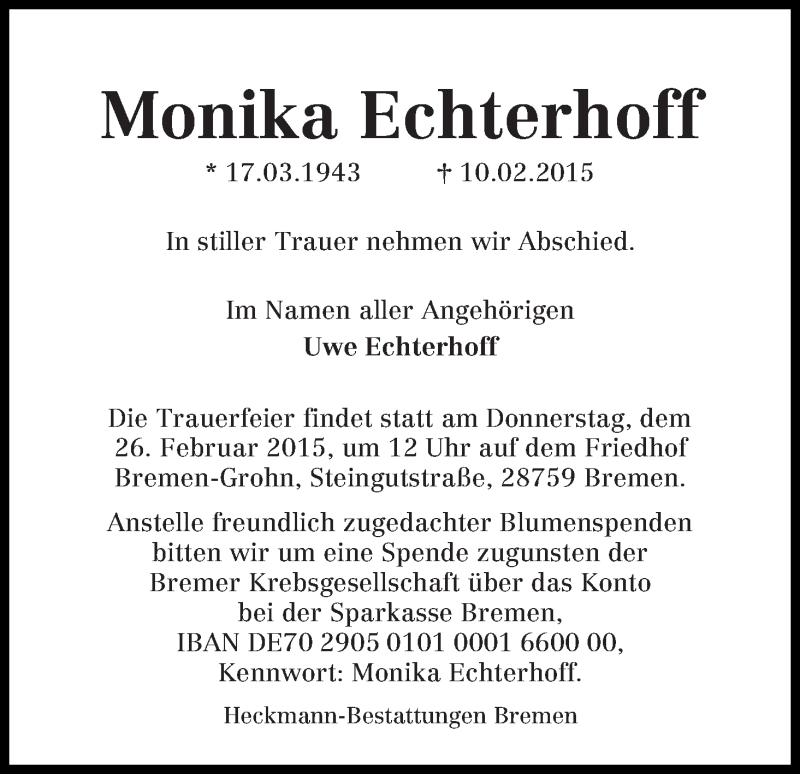 Traueranzeige von Monika Echterhoff von Die Norddeutsche