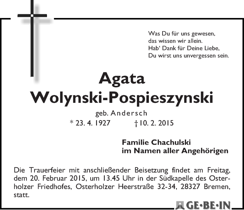 Traueranzeige von Agata Wolynski-Pospieszynski von WESER-KURIER