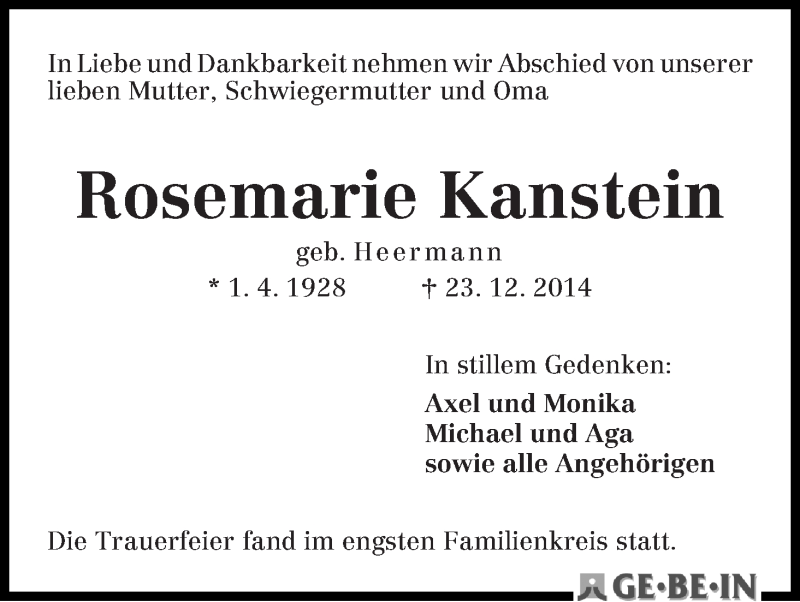 Traueranzeige von Rosemarie Kanstein von WESER-KURIER