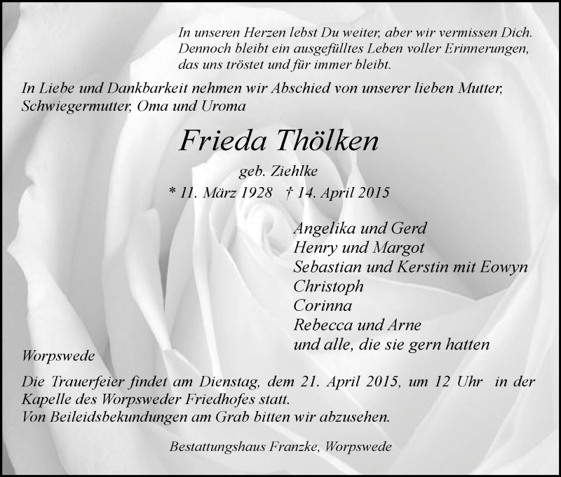 Traueranzeige von Frieda Thölken von Wuemme Zeitung