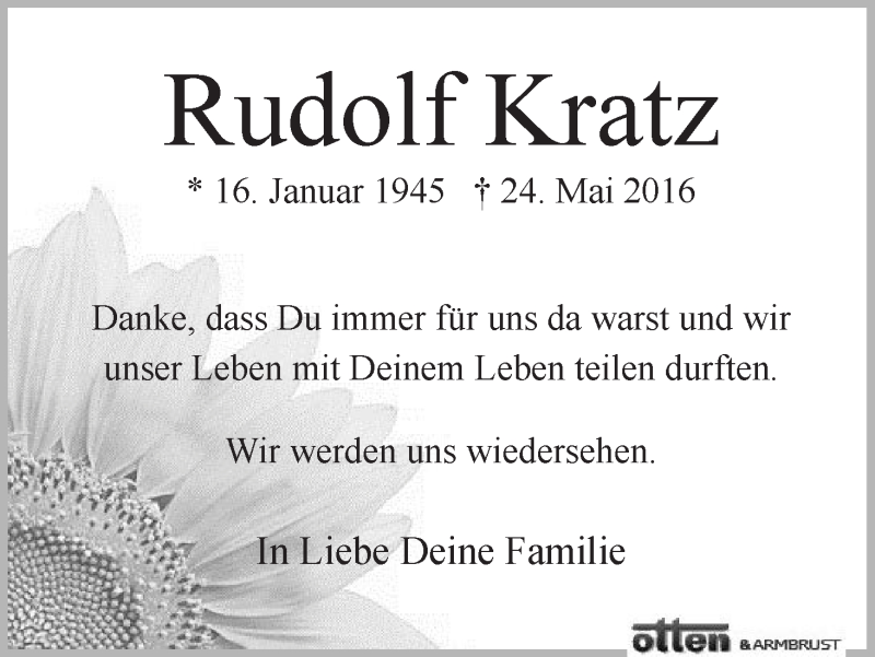  Traueranzeige für Rudolf Kratz vom 28.05.2016 aus Osterholzer Kreisblatt
