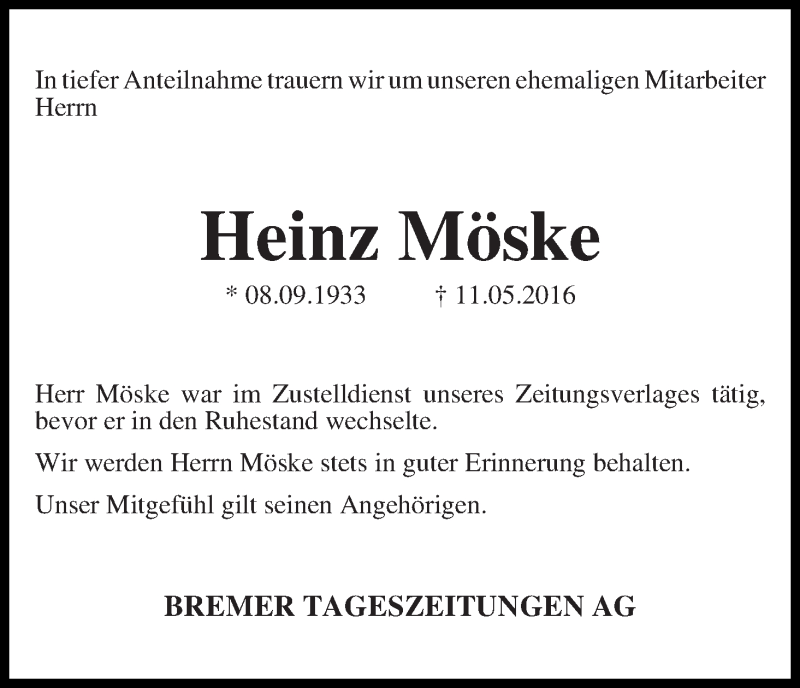 Traueranzeige von Heinz Möske von WESER-KURIER