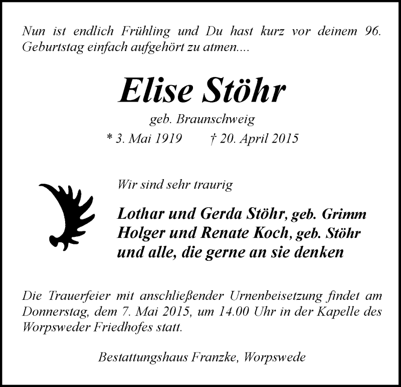 Traueranzeige von Elise Stöhr von Wuemme Zeitung